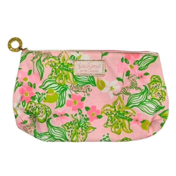 Lilly Pulitzer for Estee Lauder Cosmetic Bag Green Pink Floral Zippered - Picture 1 of 6